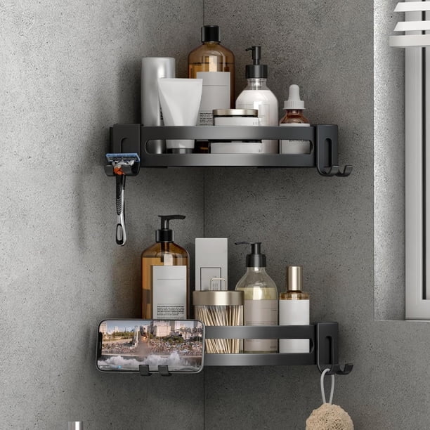 Repisas para Baño Sin Taladro Estante de Regadera Esquinero Antióxido Organizador Porta Shampoo de Ducha Accesorios Mueble 2 Unidades Negro