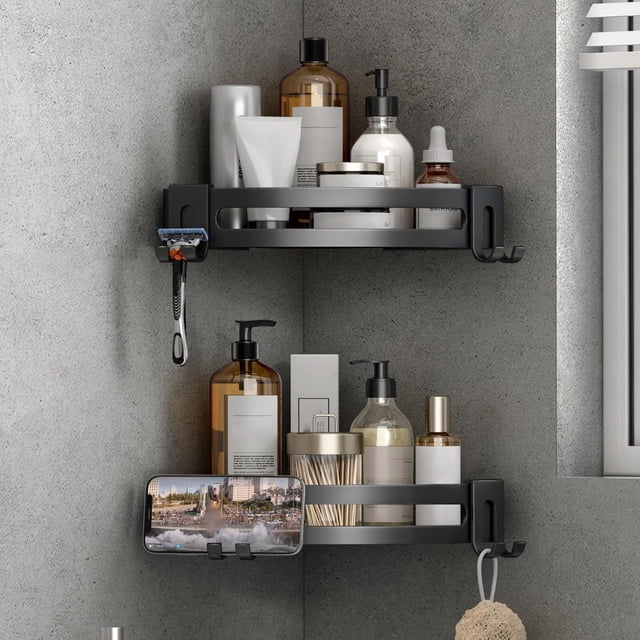 Repisas para Baño Sin Taladro Estante de Regadera Esquinero Antióxido Organizador Porta Shampoo de Ducha Accesorios Mueble 2 Unidades Negro