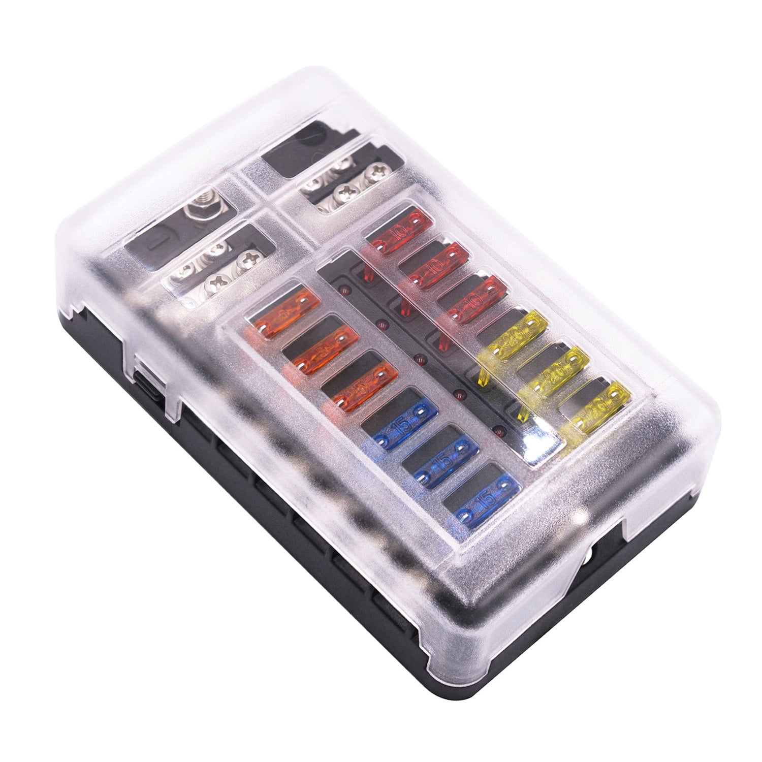 Blade Fuse Box Holder 12V with Negative Bus 24pcs blade fuse included Fuse Block 12-Way with LED Indicator for Car Boat Van Truck Marine 