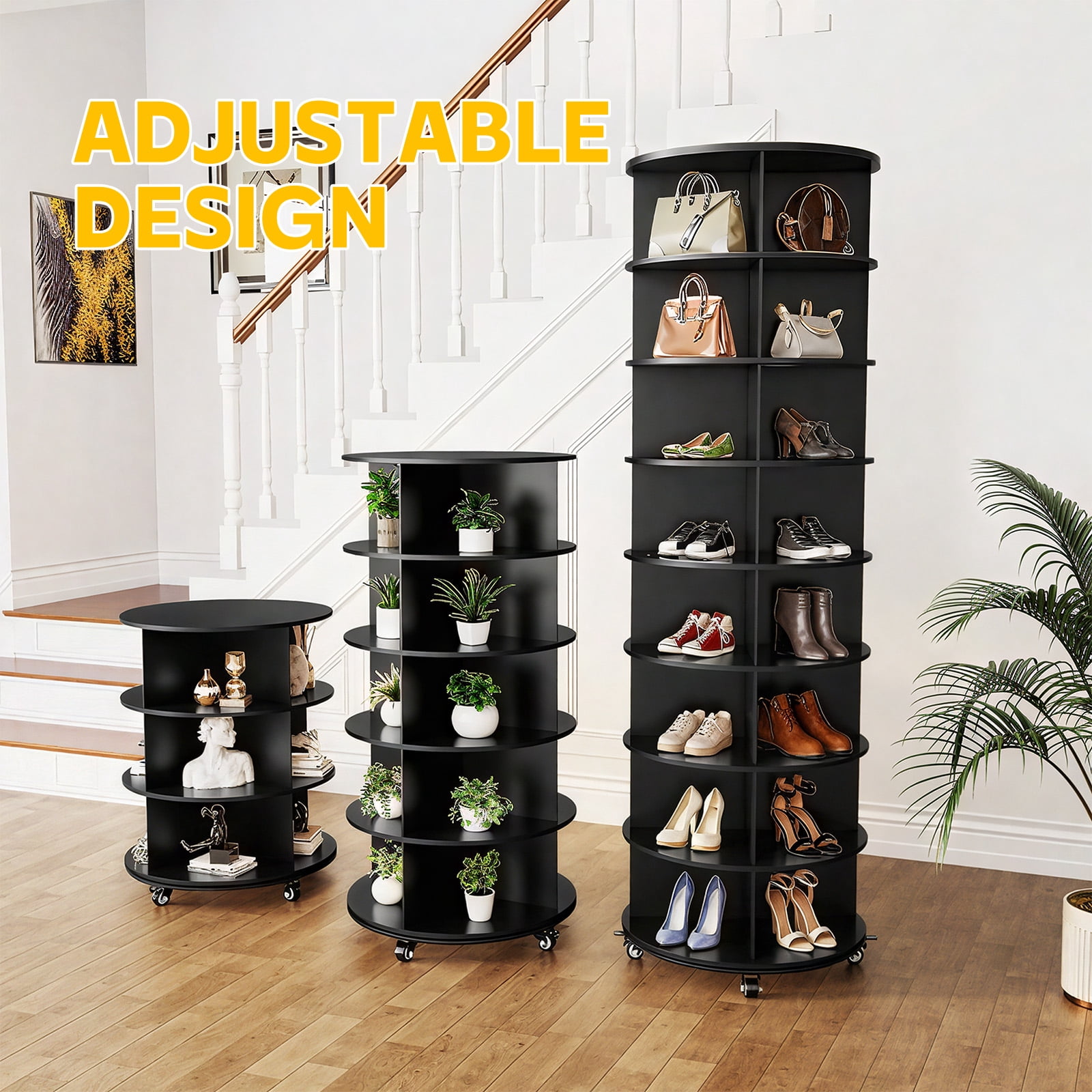 YODOLLA 8 Tier Rotating Shoe Rack with 4 Universal Casters, 360° Spinning Shoe Display Lazy Susan  (Black, 23.6’’×23.6’’×74’’)
