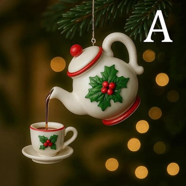 Adorno navideño vintage de tetera con efecto de té vertido | Decoración festiva para taza de té con acebo y frutos rojos | Regalo navideño para amantes del té y coleccionistas