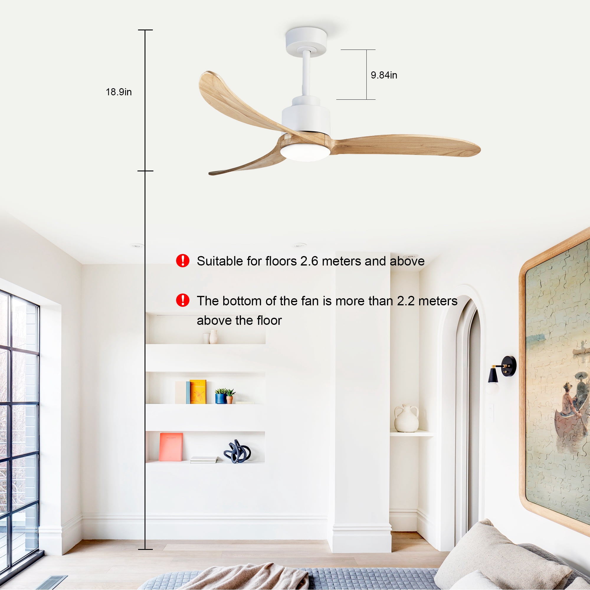 Ceiling Fan with Light, 52 Inch Solid Wood Blade Fan for Home Living Room Indoor Decor, White Wood