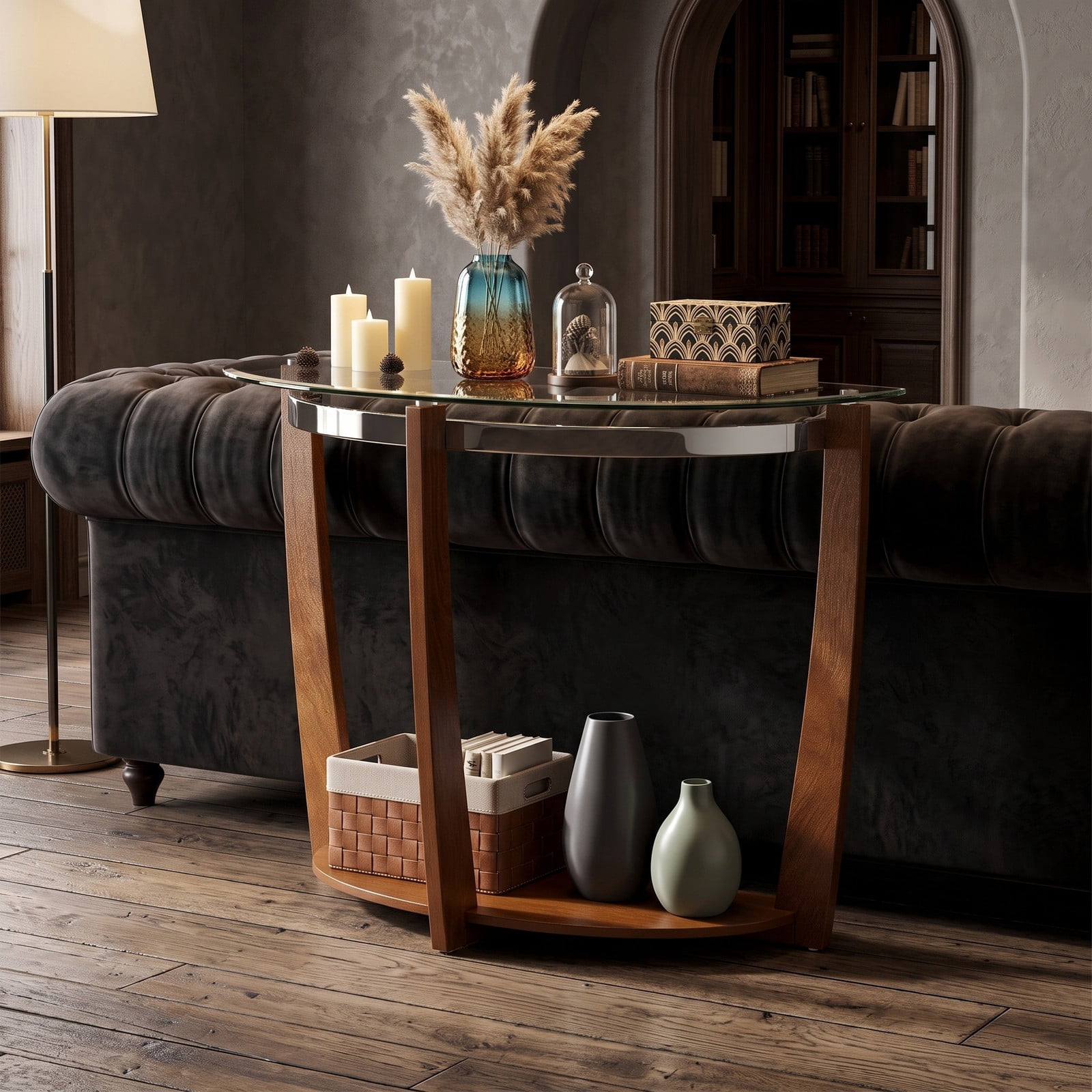 Furnibear 2-Tier Tempered Glass Console Table, Half-Moon Sofa Entryway Table with Open Storage Shelf and Solid Wood Legs for Living Room Hallway, Walnut