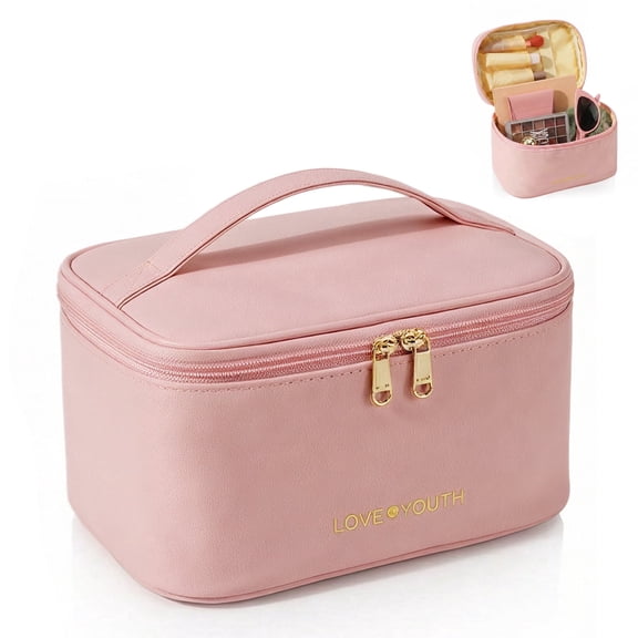 Makeup Bag for Women, Portable Cosmetic Bag, Large Capacity Travel Makeup Organizer, Cosmetic Brush Case Gifts for Girls with Handle (Pink)