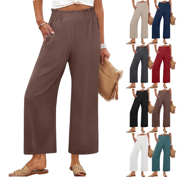 Lenago Womens Pants Summer Solid Color Loose Straight Leg Pants With Pockets Ruffles and Pleats Pants for Womens