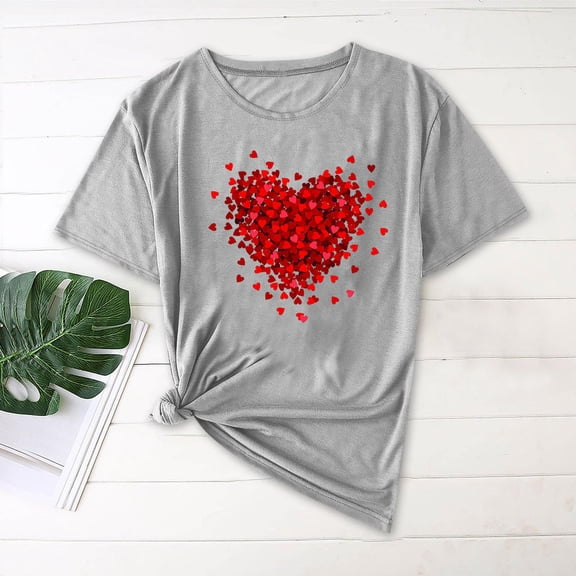 Kctiaxy Women's T-Shirts Casual Round Neck Valentiness Women Blouses Fashion Love Printed Short Sleeve Tops for Summer