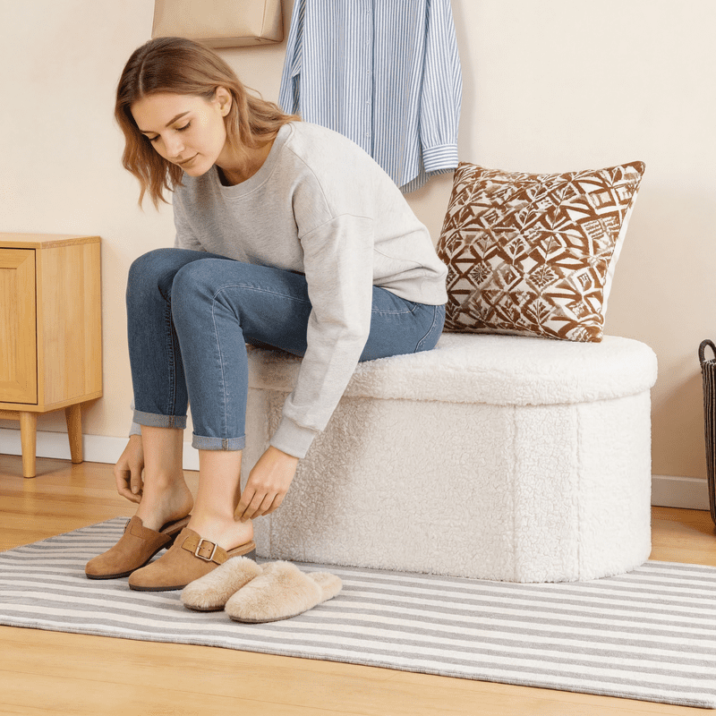 Gianna 43 Inch Ottoman with Storage, Folding Foot Rest for Living Room & Bedroom, Versatile Home Bench, White