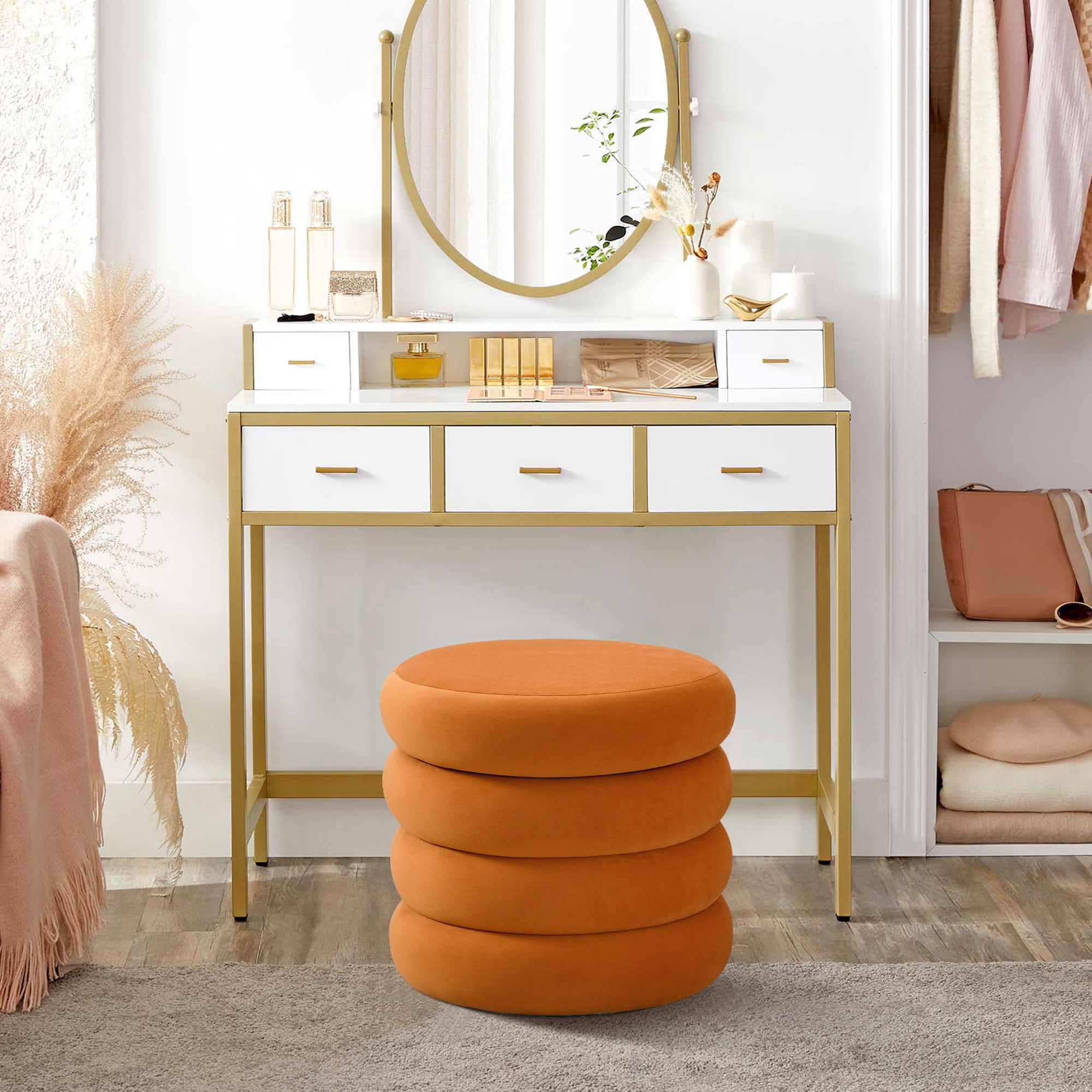 Zesthouse 19.5" Wide Round Storage Ottoman, Velvet Tufted Ottoman Footstool for Living Room Bedroom, Orange