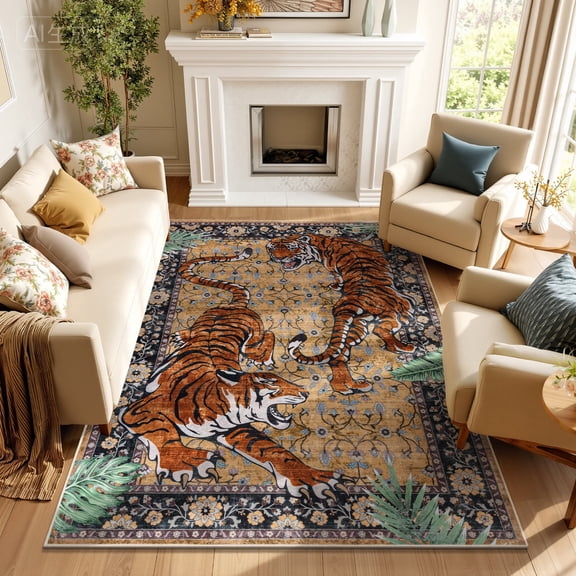 MJIAexp 5'x7' Tiger Area Rugs,Washable Rugs for Living Room, Soft Vintage Bedroom Rug, Botanical Non Slip Ultra Thin Floor Carpet for Dining Room Home Office