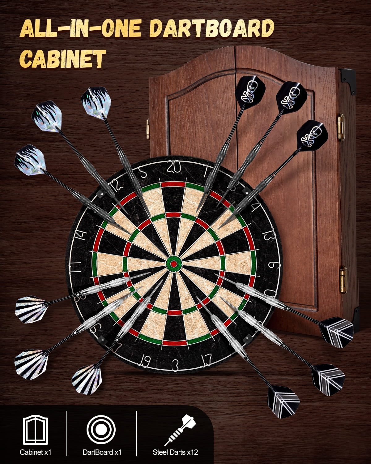 Yirinatek Sisal Dart Board Cabinet Sets, Decorative Dart Boards for Adults [12*Steel Darts] - Wooden Dartboard Cabinet with Integrated Scoreboard for Family Game Rooms [Coffee]