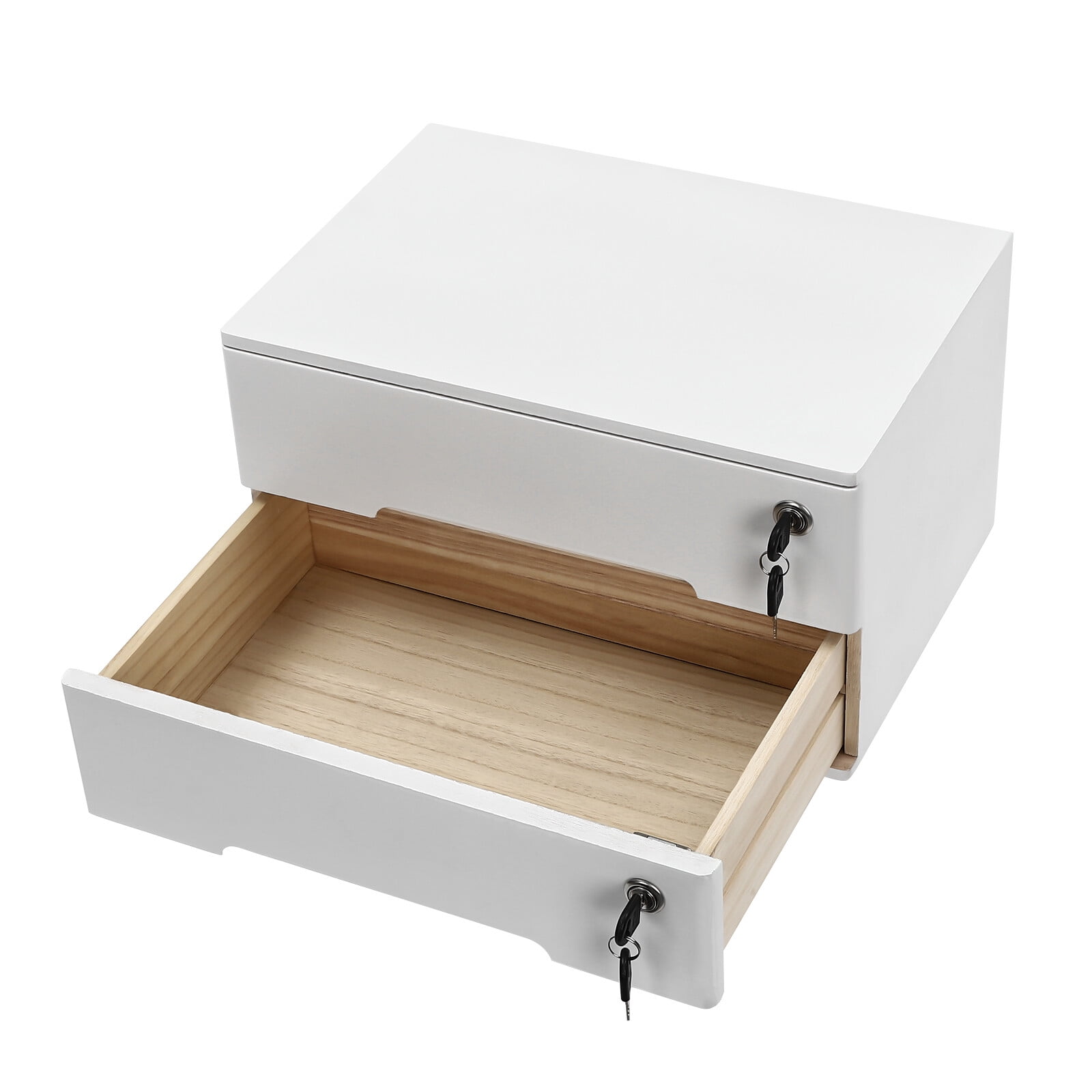 White Wooden Desktop Storage Box with Lockable Drawers, Office Supplies File Organizer, Flat File Cabinet