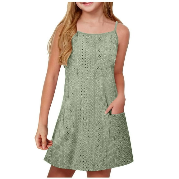 Edvintorg Dress for Girl Kids Solid Color Sleevelss Lock Dress Summer Casual Adjustable Strap Dresses Beach Vacation Clothes for Girls 5-15 Years