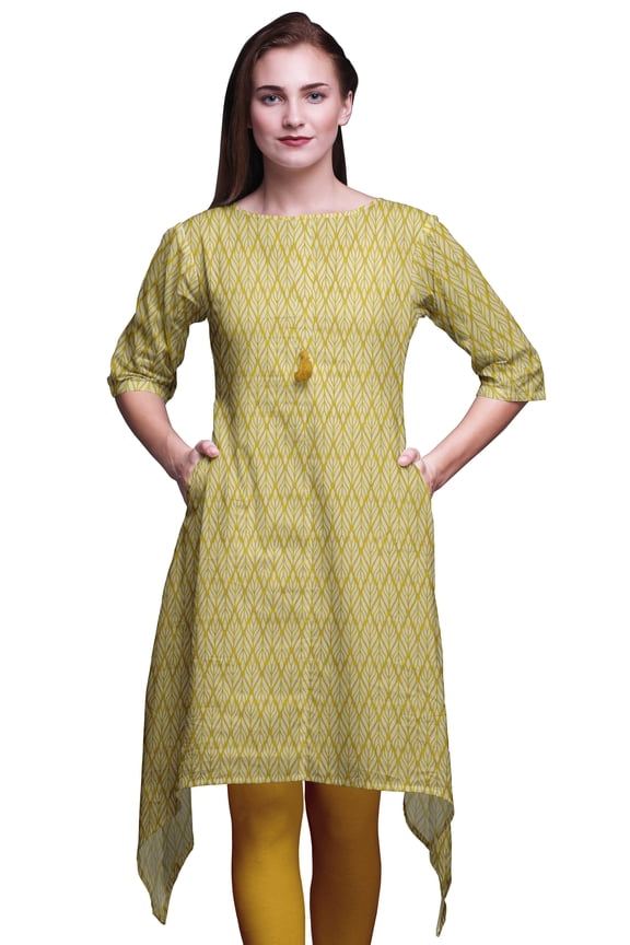 Gold Monstera Leaves Women Kurtas Ethnic Printed Asymmetric Summer Wear Tops For Women XSmall