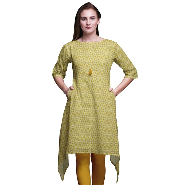 Bimba Kurti Asymétrique Imprimée de Feuilles de Monstera Dorées pour Femmes Robe d'Été Indienne Tunique Grande