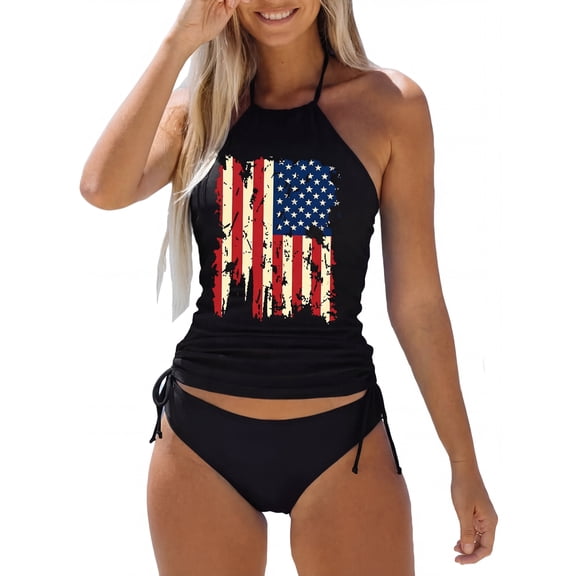 VNJQPG USA Flag womens tankini bathing suits Halter Neck Set-B6-Black,M