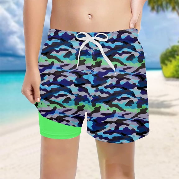 FAOWME Big Kids Boys Swim Trunks Drawstring Elastic Waist Camouflage Print Comfortable Breathable Beach Shorts Swimwear For Summer Pool Party Water Activities,Multicolour,5-6 Years