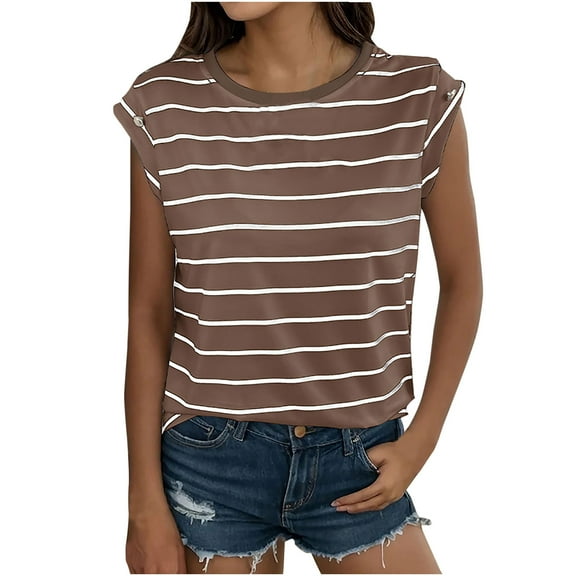 Giftesty Striped Shirts Women Clearance Women's Fashion Printed Short Sleeves Blouse Round Neck Casual Tops