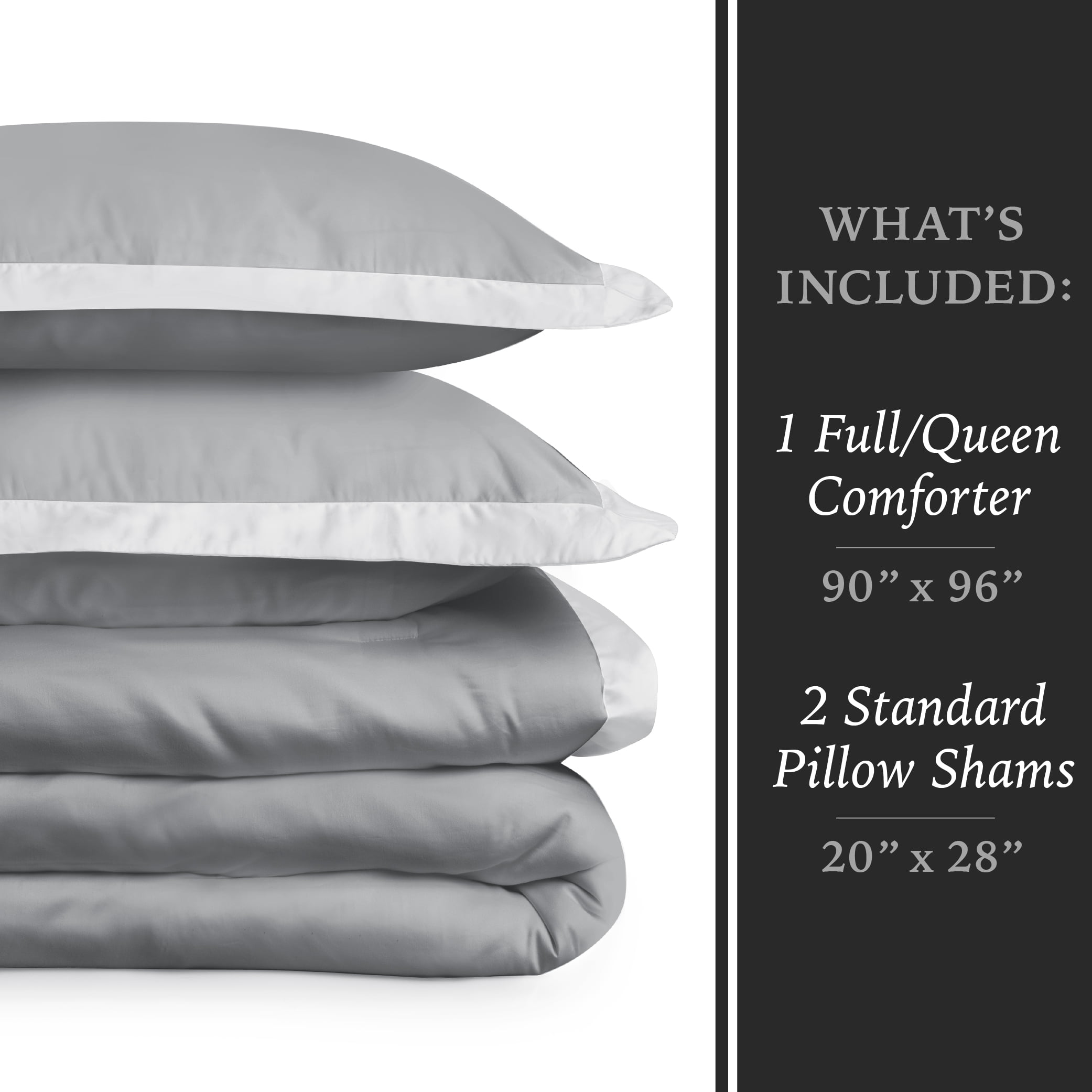Hotel Style 3-Piece Grey/Silver Egyptian Cotton-Rich Blend Luxury Comforter Set, Full/Queen