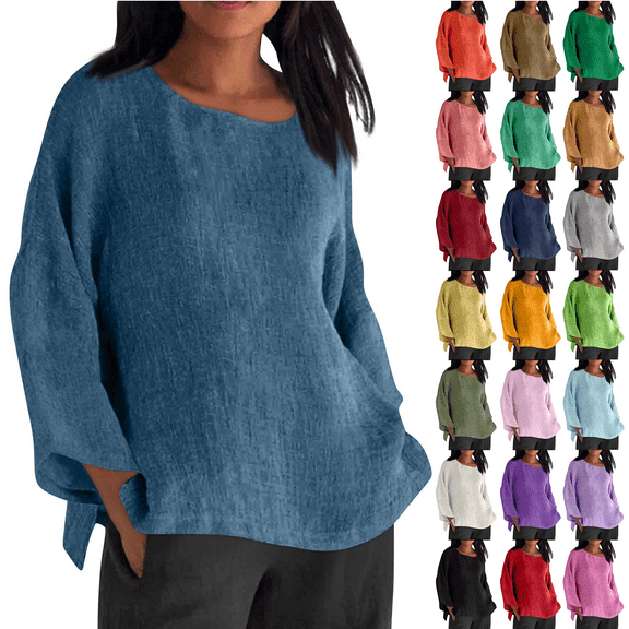 Womens Linen Long Sleeve Shirt Loose Fit Breathable Summer Basic Comfort Top