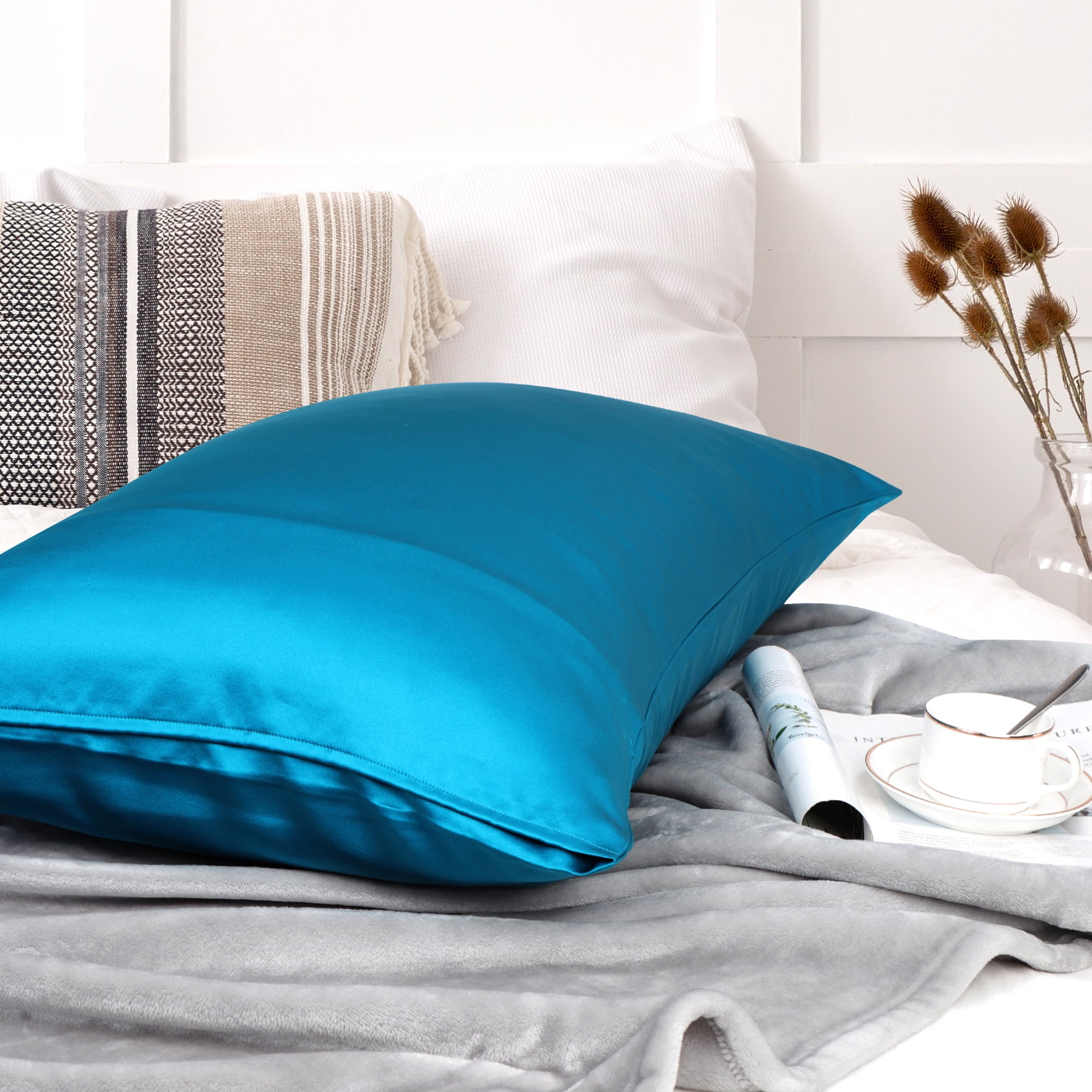 REGALWOVEN 25 Momme Silk Pillow Cover with Envelope Closure, Peacock Blue King(20"x36")