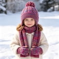 thumbnail image 6 of 3 Pcs Kids Winter Hat Scarf Gloves Set Knit Pompom Beanie with Earmuffs Double Layer Scarf Touchscreen Gloves Toddler Thick Thermal Sets Hot Pink 2-10 Years, 6 of 6