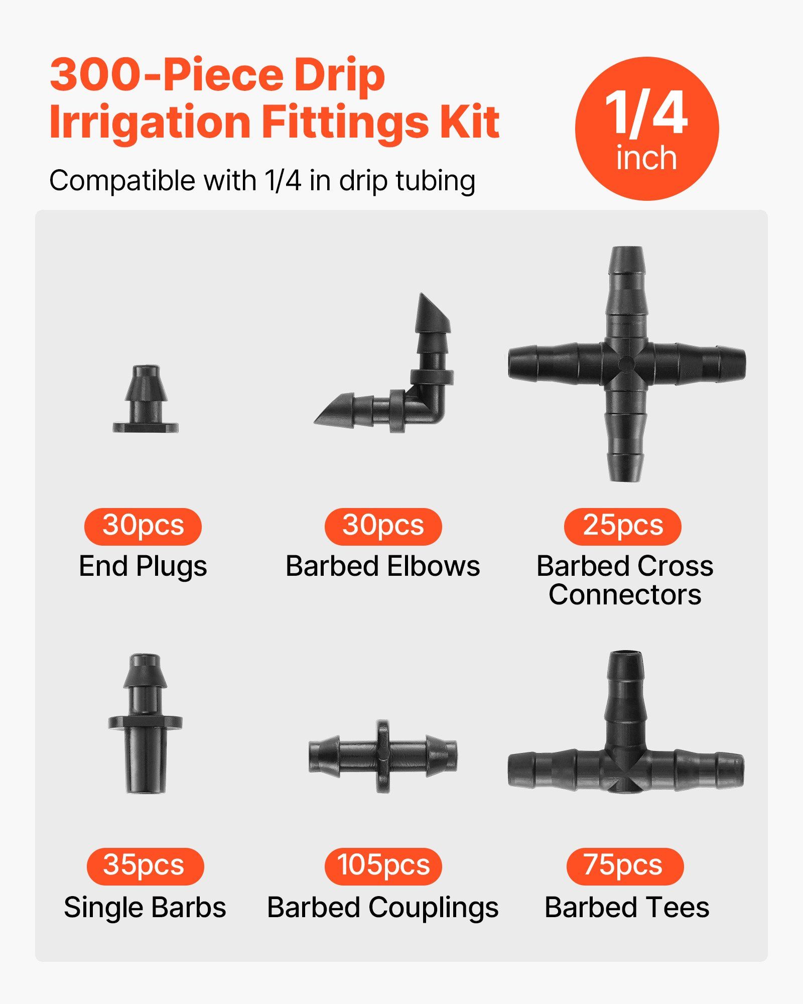 300Pcs Drip Irrigation Fitting Parts Kit for 1/4" Tubing for Yard Garden Lawn