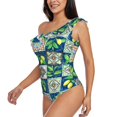 thumbnail image 3 of Yiaed Lemon and Leaves Print Women One Piece Swimsuits Tummy Control One Shoulder Bathing Suits Pattern Ruffle Swimwear-Medium, 3 of 8