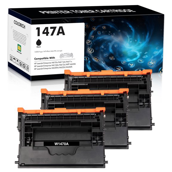 147A Black Toner Cartridge Compatible for HP 147A W1470A 147X M610dn HP LaserJet Enterprise M610, M611, M612 Series, HP LaserJet Enterprise MFP M634, M635, M636 Series | W1470A 3-Pack