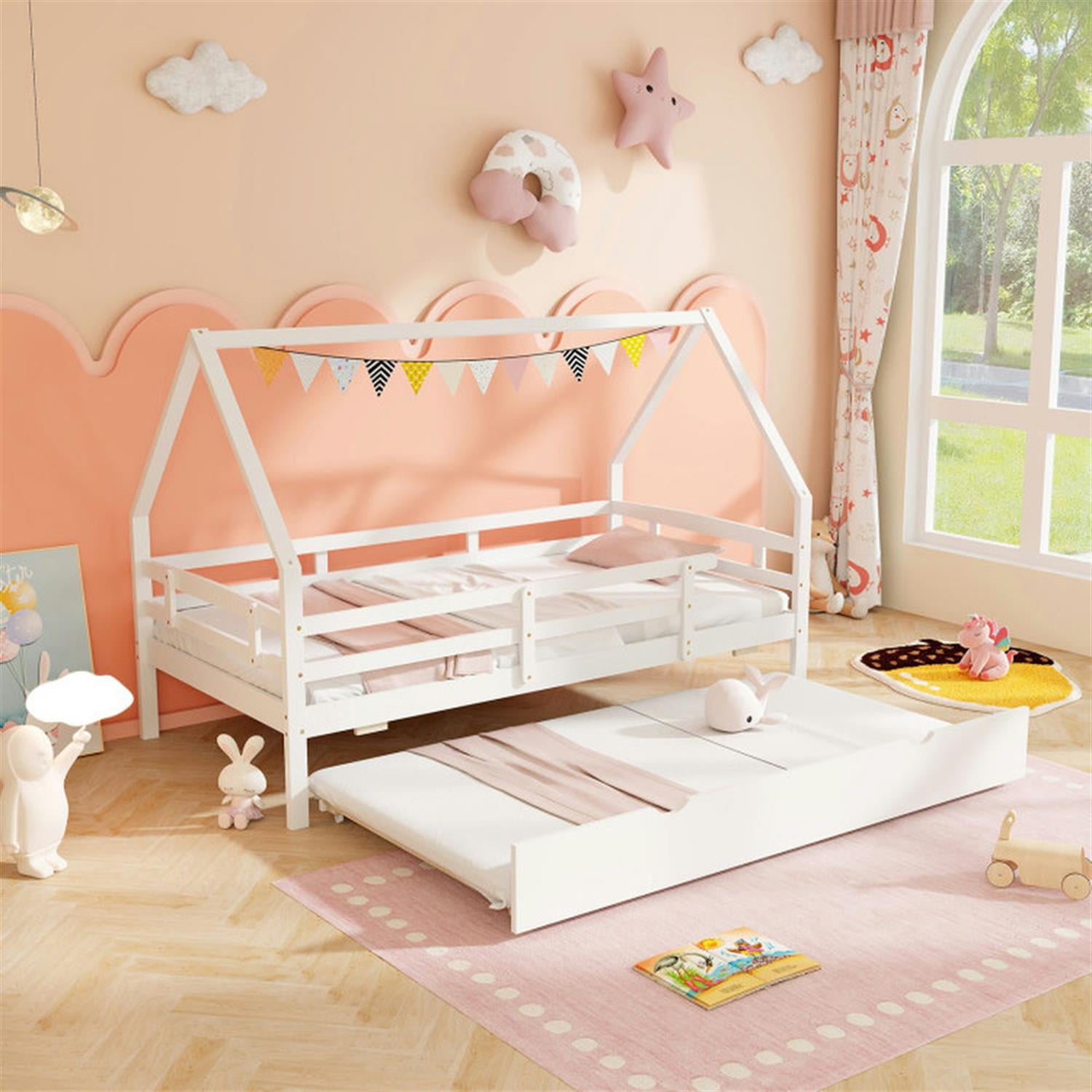 Demi Bonn Twin House Bed Frames with Trundle and Fence Rail, Modern Platform Bed Frames for Teens, White