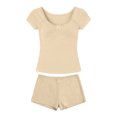 thumbnail image 5 of Women's Lace Trim Square Neck Knit Short Sleeve Top Shorts Set,Bow Detail Two-Piece Loungewear Pajama Set,Soft Lightweight Casual Sleepwear for Women Khaki M, 5 of 5