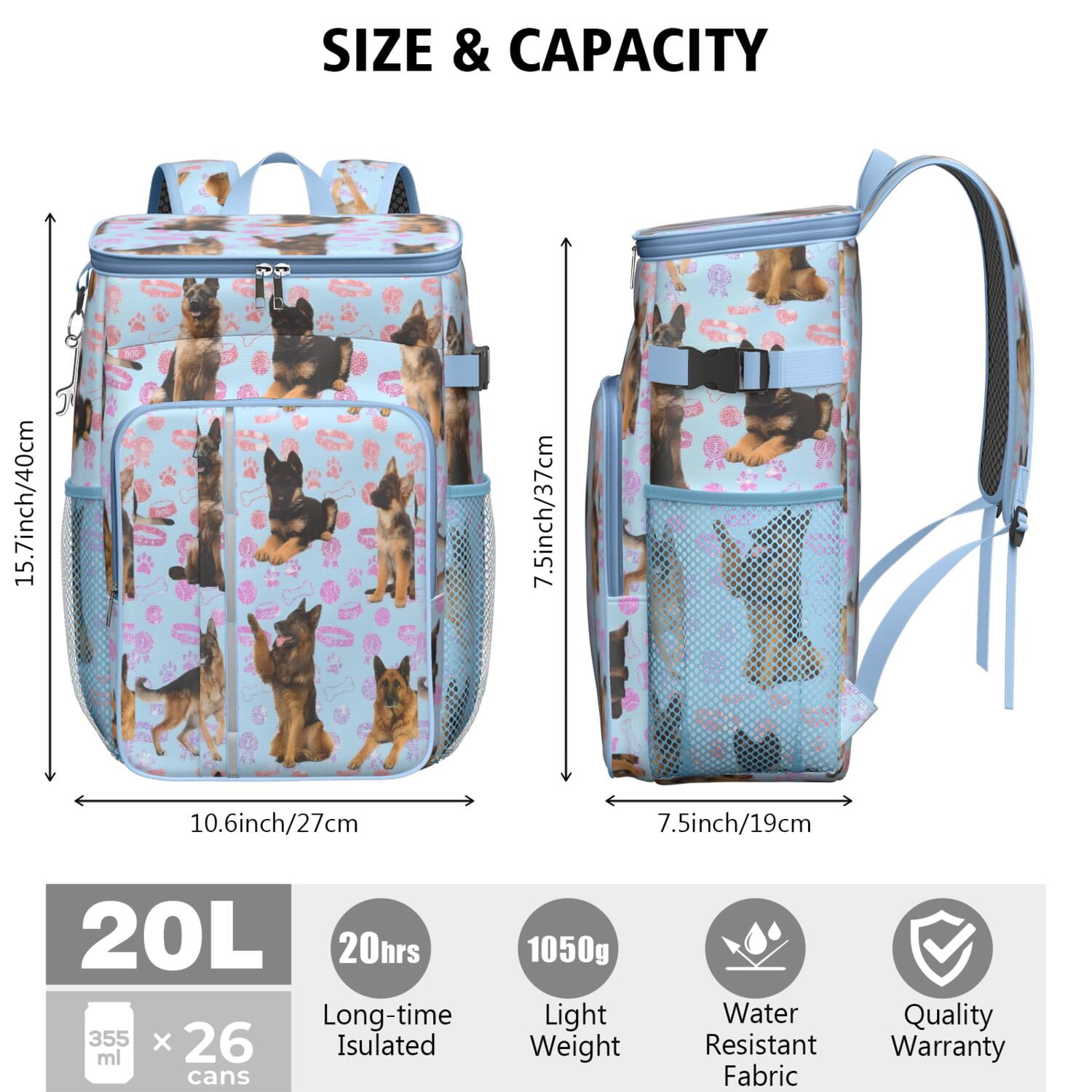 Travel Cooler Bag - German Shepherd Camping Beer Cooler Backpack with Bottle Opener- Waterproof Insulated Picnic Backpacks - Cooler Bag for Beach