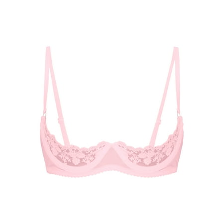 Zaldita Womens Floral Lace 1/4 Cups Balconette Bralette Padded Underwire Shelf Bra Tops Pink XXL