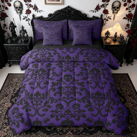 Homewish Classic Damask Skull Twin Bedding for Kids, Violet Vintage Gothic Floral Bedding Comforter Set, Black Reversible, 7 Pieces