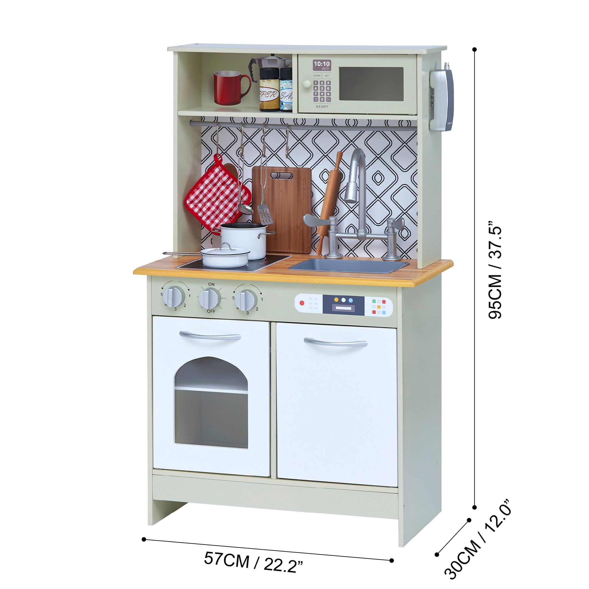 Teamson Kids Little Chef Boston Modern Farmhouse Kitchen Playset with Interactive Features and 9 pc. Accessory Set, Olive Green/White