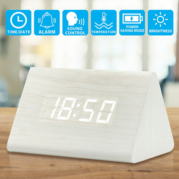 Wooden Wood Clock New LED Alarm Digital Desk Clock Displays Time Date Temperature - White