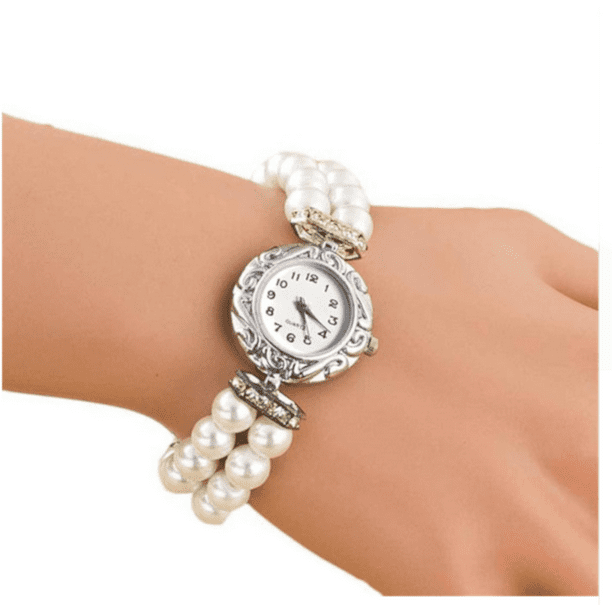 Rowena J - Simulated Pearl Watch with Crystal Stones Stretch Band 8 Mm ...