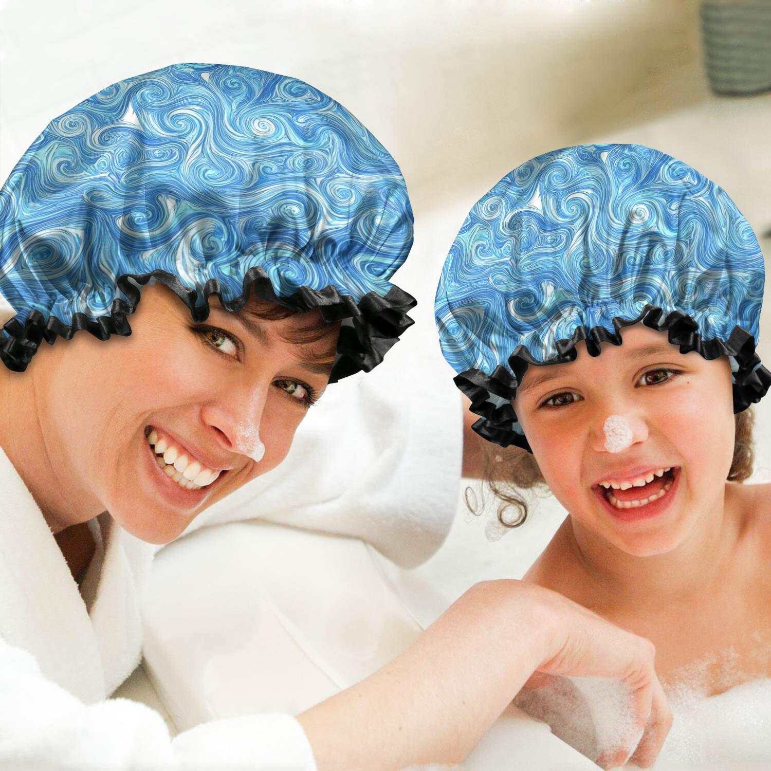 Shower Caps,Blue White Tie Dye Swirl Pattern Waterproof Shower Cap for Women 4 Pieces,Double Reusable Hair Cover for Shower PEVA Elastic Stretch Hem