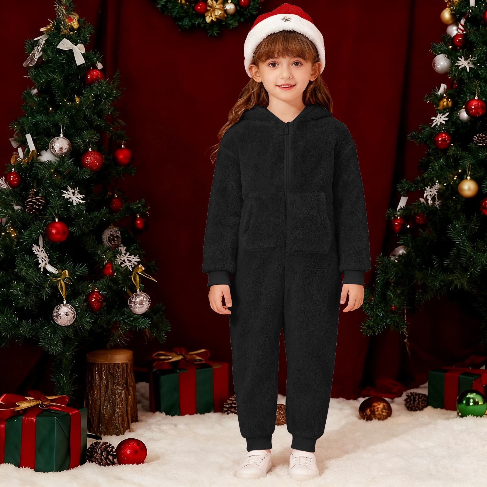 Tiweut Kids Onesie Pajamas Jumpsuit Boys Girls Warm Sherpa Lined Romper Zipper Hooded Cute Playsuit Sleepwear,Black,2Y