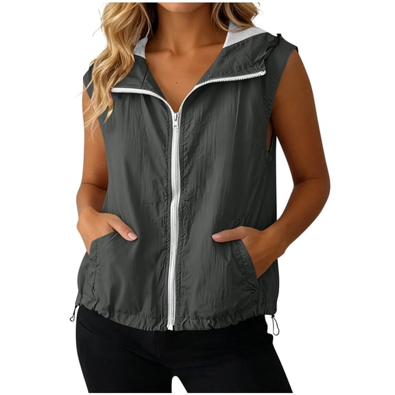 Women's Sleeveless Zip Up Hoodie Vest, Casual Sporty Jacket with Drawstring Hem and Mesh Lining, Solid Color Lightweight Outerwear for Running, Gym, and Summer Outdoor Activities