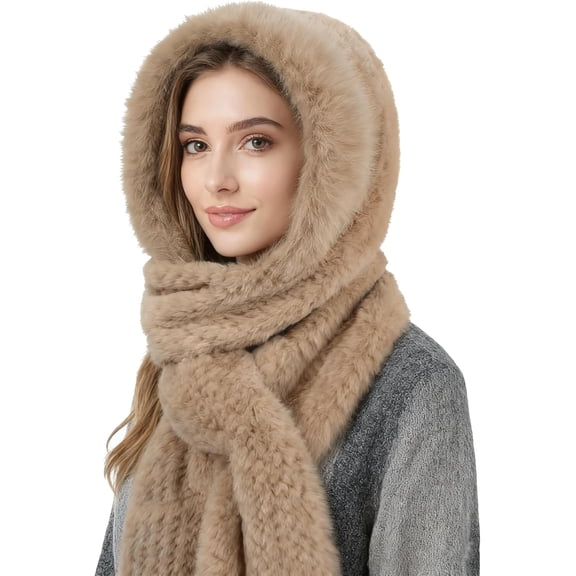 Kukuzhu Faux Fur Hooded Scarf Gloves Set 3 in 1 Winter Thick Warm Plush Neck Warmer Hat with Pocket for Men Women Winter