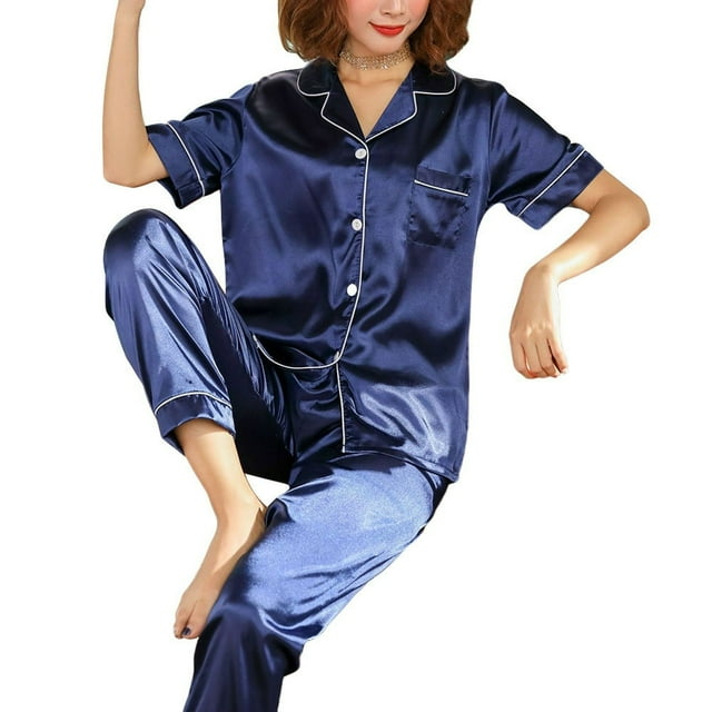 Ensemble de Pyjama en Satin d'Été pour Femmes Manches Courtes Col à Revers Hauts à Simple Boutonnage Pantalons, Bleu, 3TG
