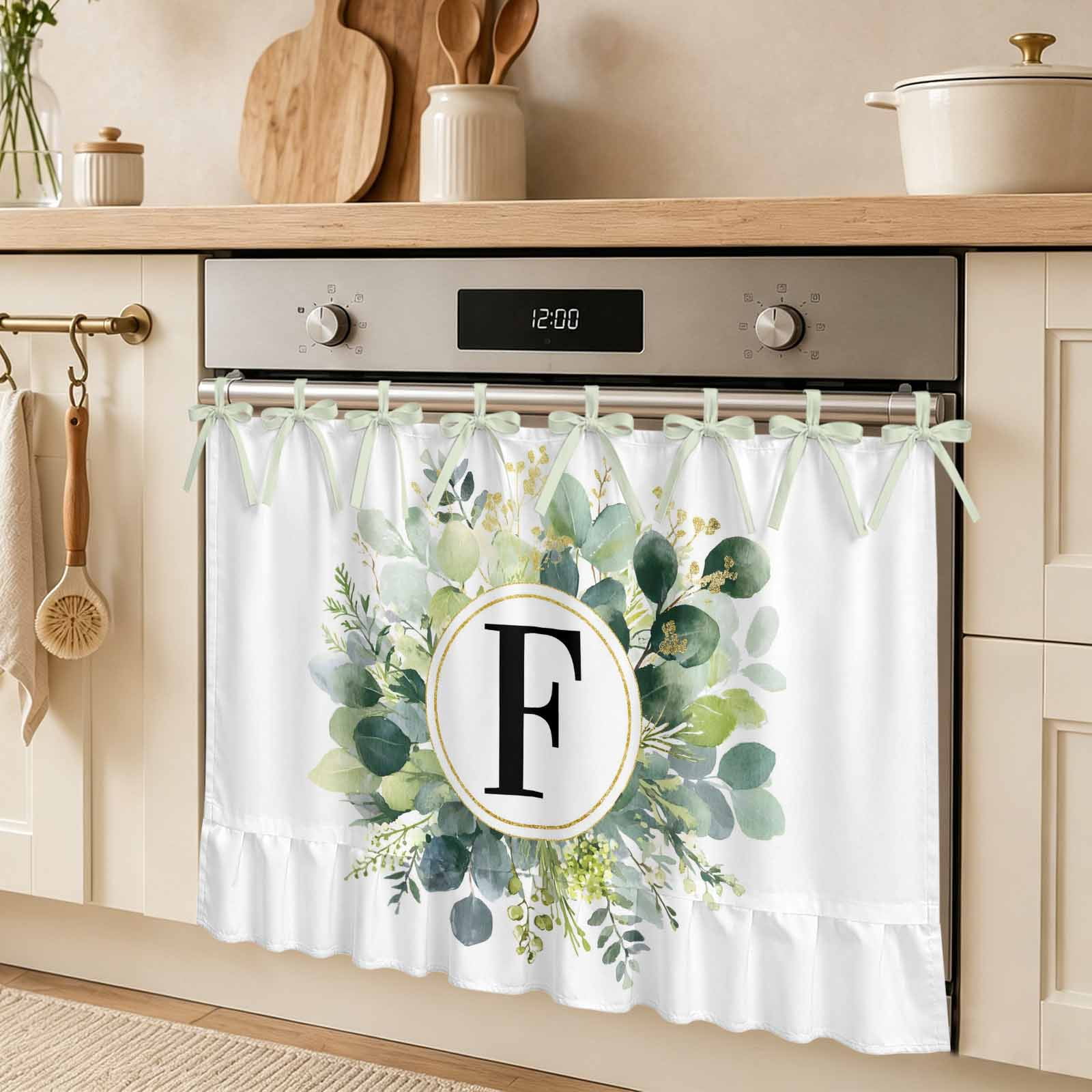 Letter F Oven Skirt Curtain Alphabet Green Eucalyptus Leaves Plant Simple Tie Top Tier Curtains Stove Dishwasher Skirt Small Window Drapes for Kitchen Bathroom Cafe 27 x20
