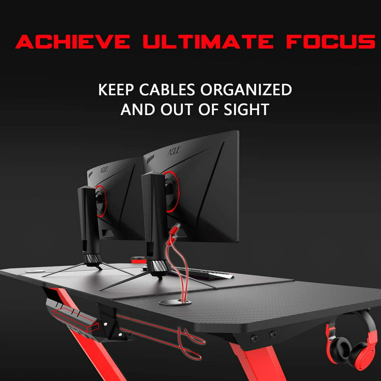 Vitesse 55 inch Ergonomic Gaming Desk, T Shaped Office PC Computer Desk with Full Desk Mouse Pad, Gamer Tables Pro with Gaming Handle Rack, Stand Cup