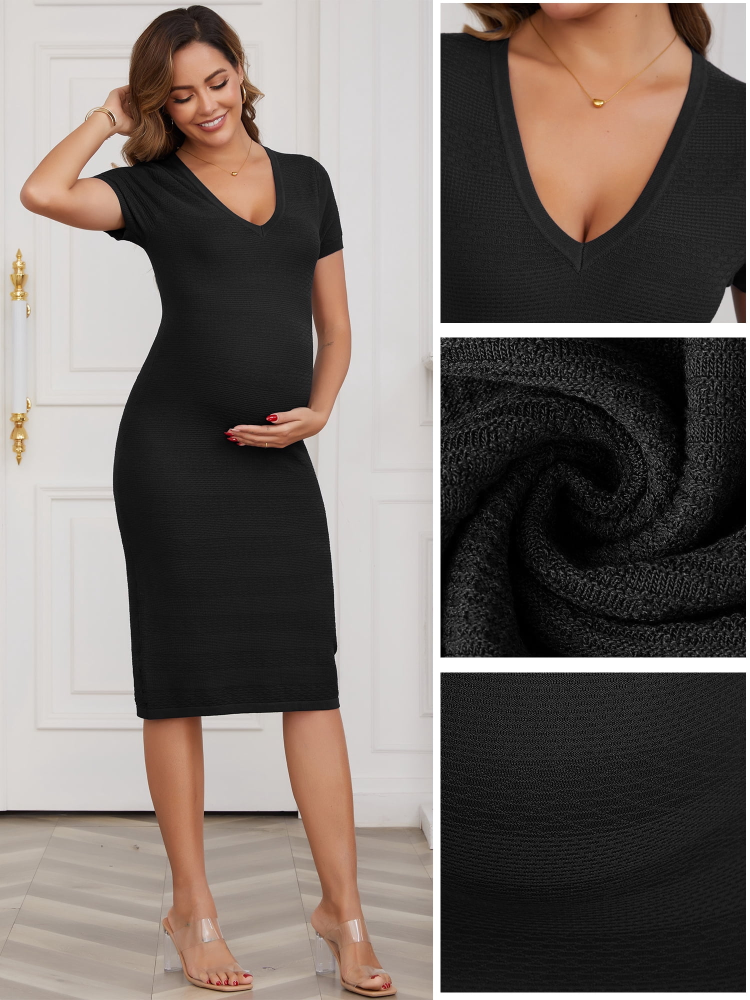 DARING DIVA Women's Maternity V Neck Stretchy Crochet Knit Dresses XL Black