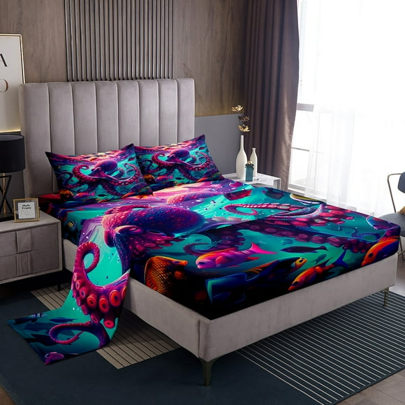 Erosebridal Animal Octopus Bed Sheets Twin,Sea Theme Bedding Sets Twin Size,Ocean Decor,Lightweight,3pcs