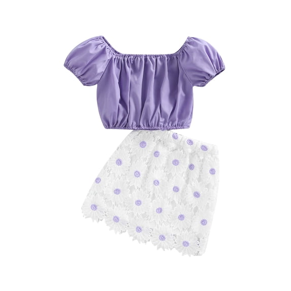Franhais Girl Two Pieces Outfits Set, Elastic Solid Color Crop Tops+ Floral Lace High Waist Skirt