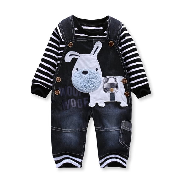 LvYinLi Lindo traje de ropa para bebé niño camiseta de manga larga a rayas+mono de mezclilla mono pantalones conjuntos (9-14 meses negro oscuro)