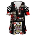 thumbnail image 4 of BLACK COLOR CASINO SUITES HEARTS PATTERNS Womens Summer V Neck Zipper Top Short Sleeve T Shirt Off Shoulder Top Casual Classy Loose Shirts, 4 of 7
