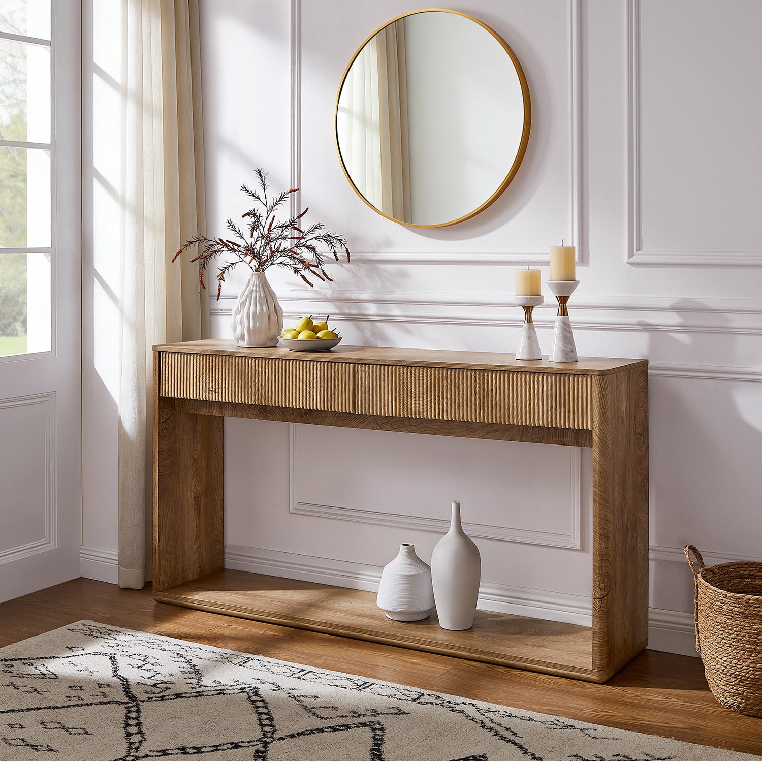 KeyWhat 63" Fluted Console Table with 2 Drawers, Modern Entryway Sofa Table with Anti-Tip Kit, Sturdy Long Console Table for Living Room, Hallway and Foyer , Light Knotty Wood