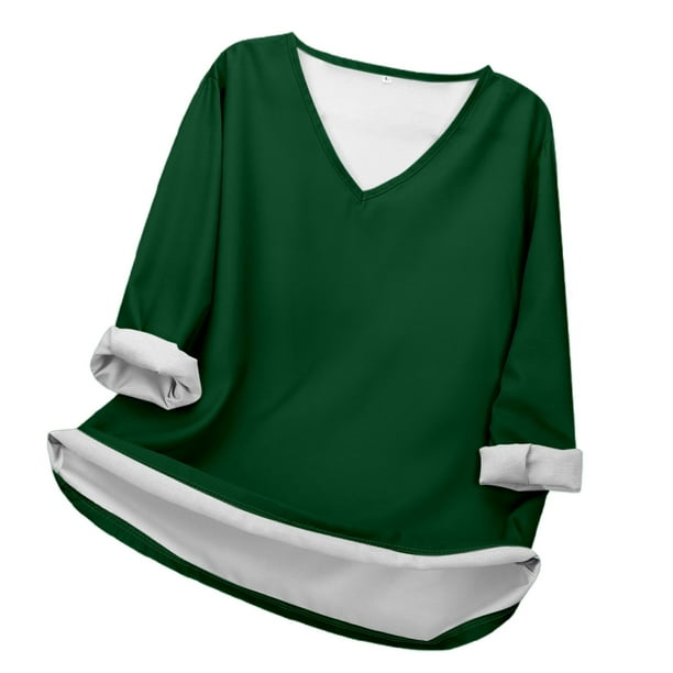 MHFRRA Camiseta Informal de Manga Larga con Cuello En V para Mujer. Camiseta Básica Cómoda para Uso Diario y Relajación. Ideal para Todas Las Estaciones. Combina Perfectamente con Jeans. Verde Oscuro